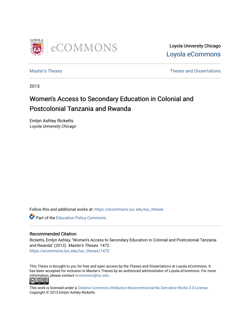 Women's Access to Secondary Education in Colonial and Postcolonial Tanzania and Rwanda