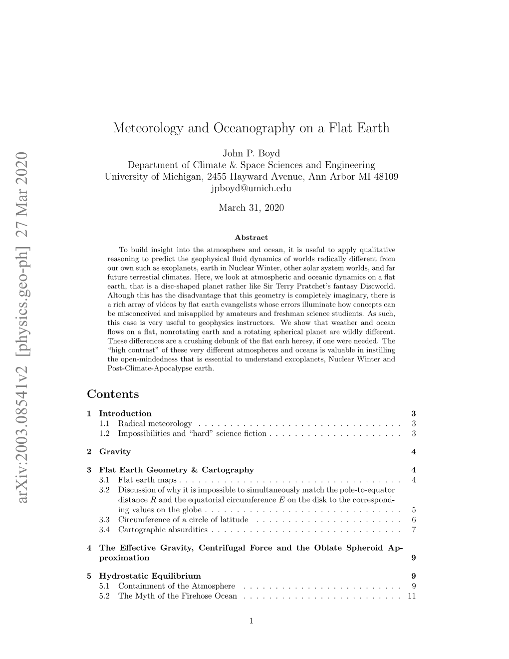 Meteorology and Oceanography on a Flat Earth