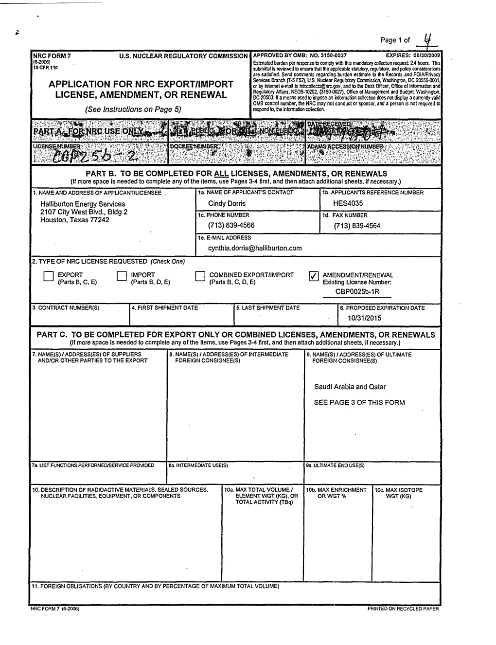 Export and Import License Application from Halliburton Energy Services