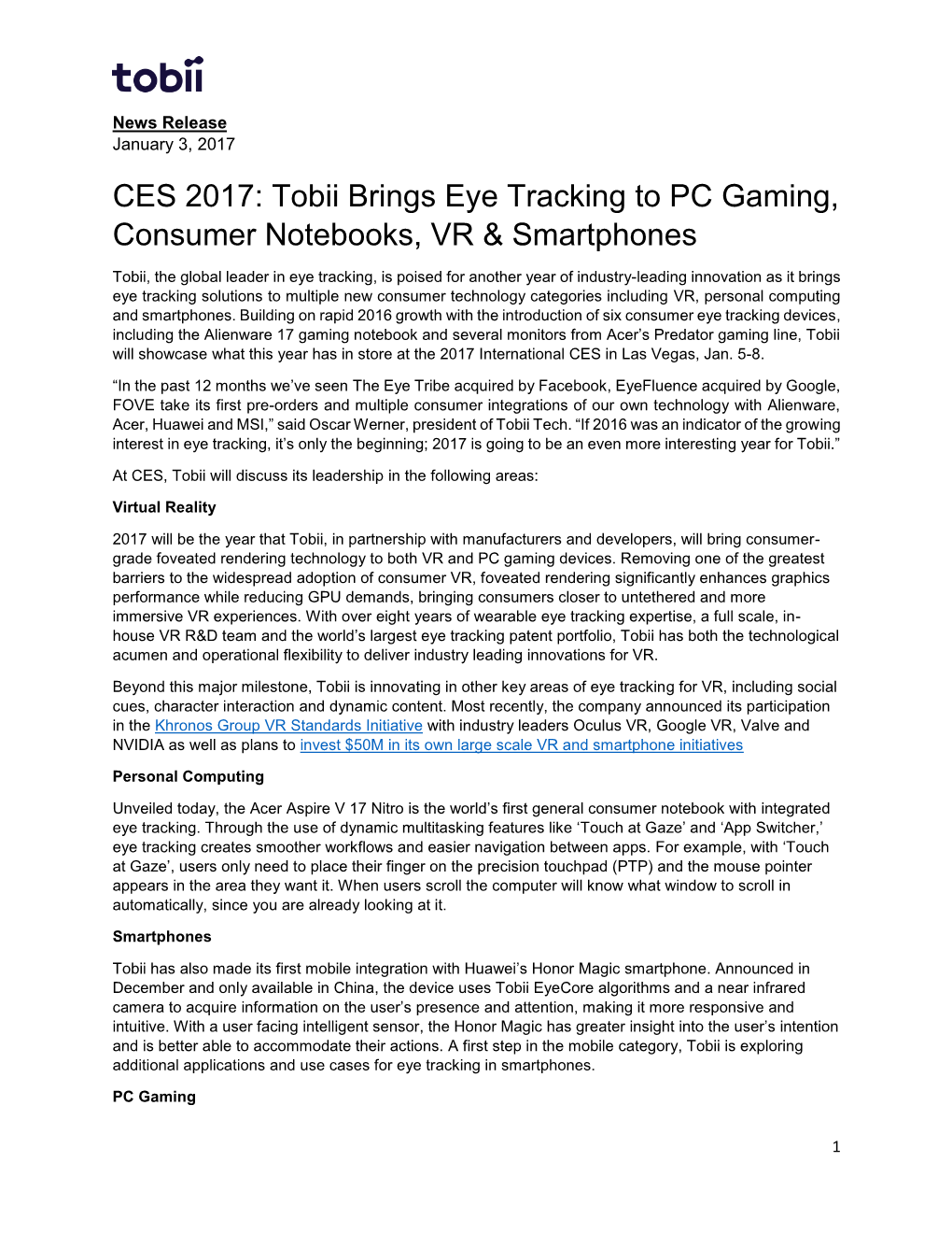 Tobii Brings Eye Tracking to PC Gaming, Consumer Notebooks, VR & Smartphones