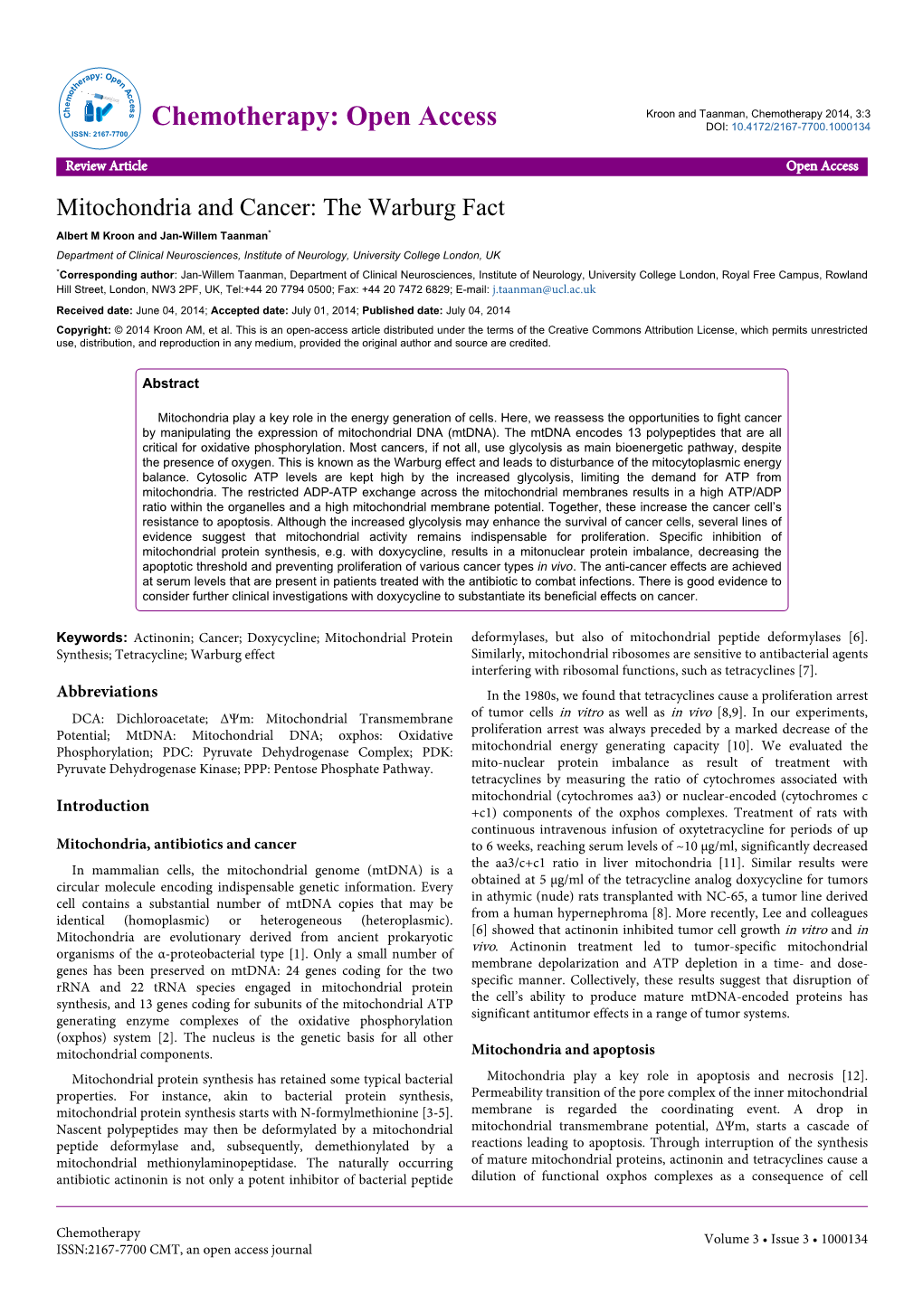 Mitochondria and Cancer: the Warburg Fact