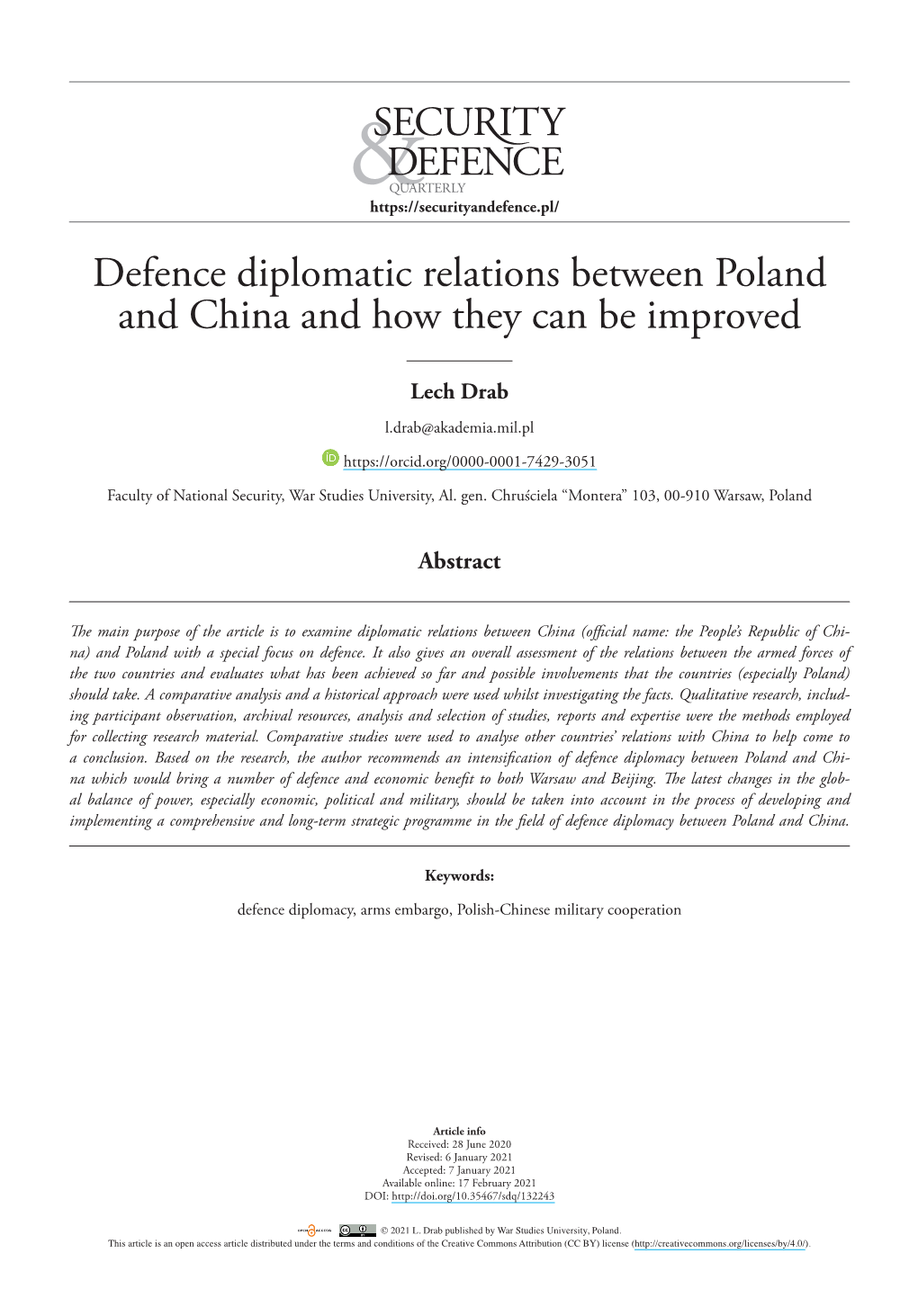 Defence Diplomatic Relations Between Poland and China and How They Can Be Improved