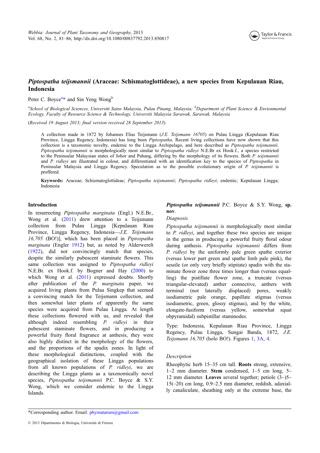 Piptospatha Teijsmannii a New Species from Kepulauan Riau, Indonesia