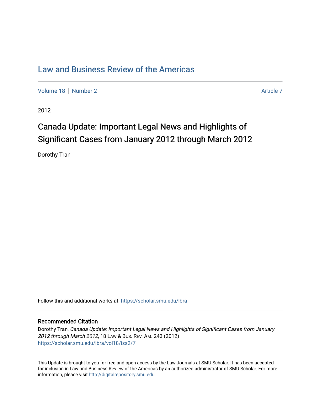 Canada Update: Important Legal News and Highlights of Significant Cases from January 2012 Through March 2012