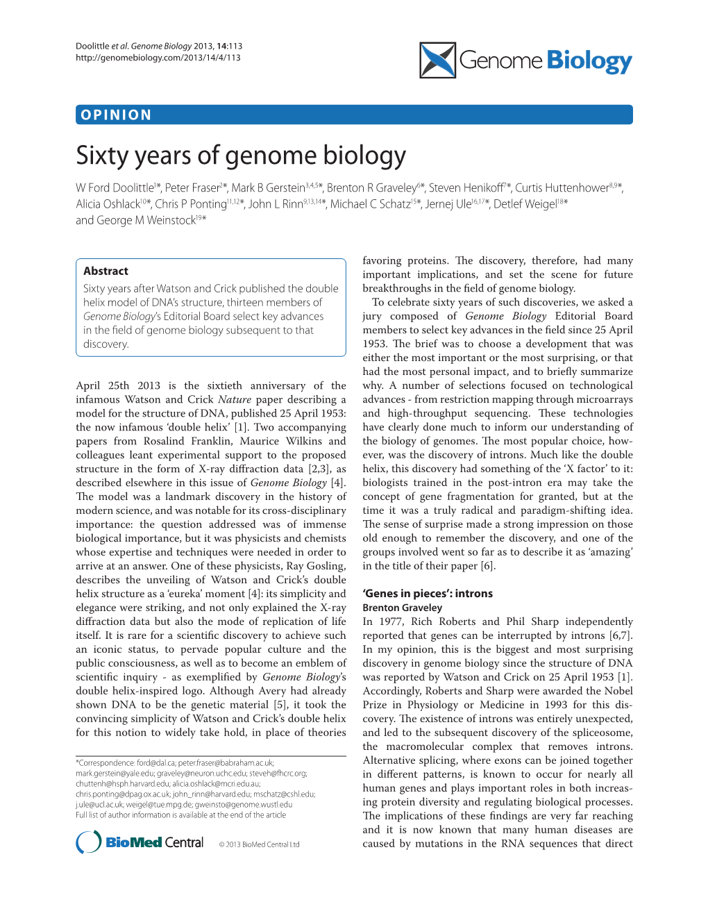 Sixty Years of Genome Biology