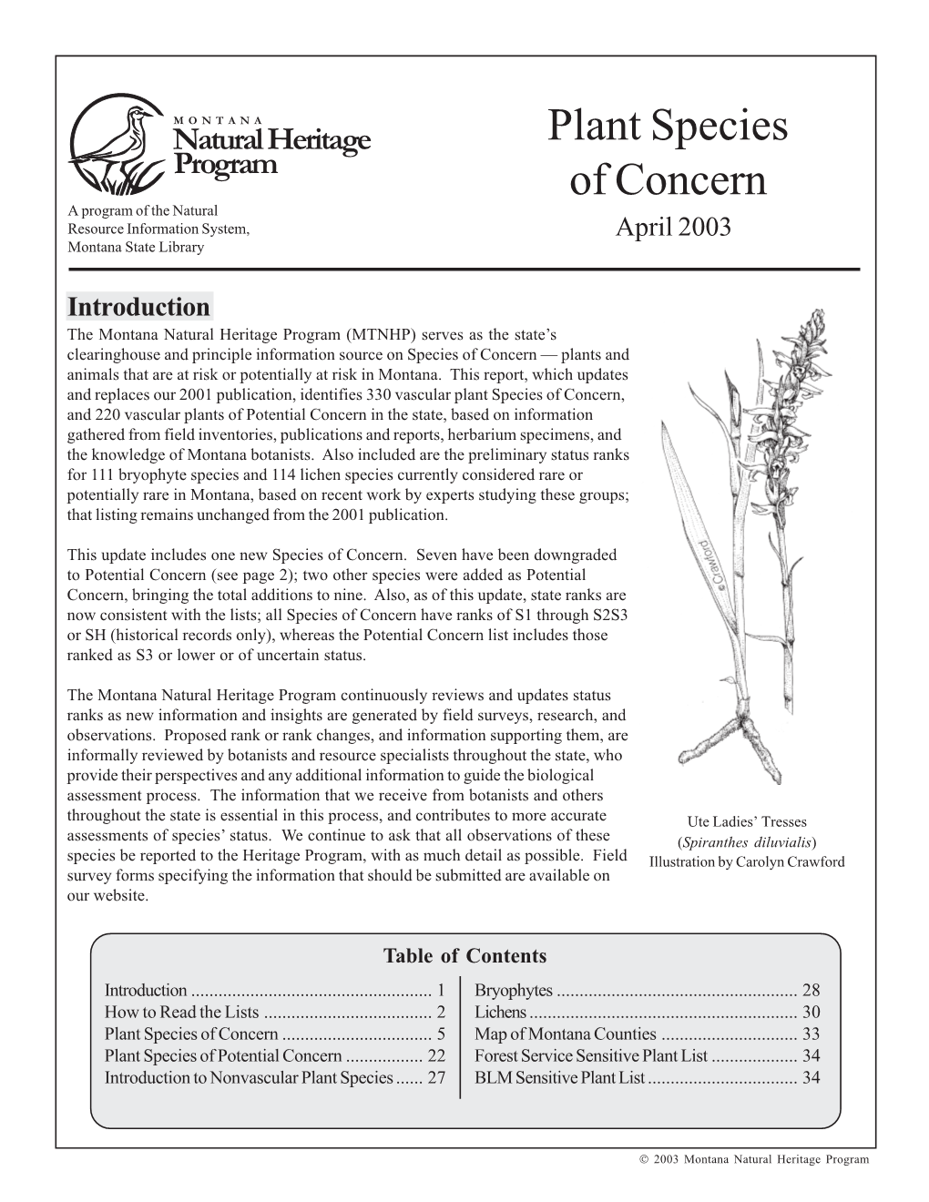 Plant Species of Concern a Program of the Natural Resource Information System, April 2003 Montana State Library