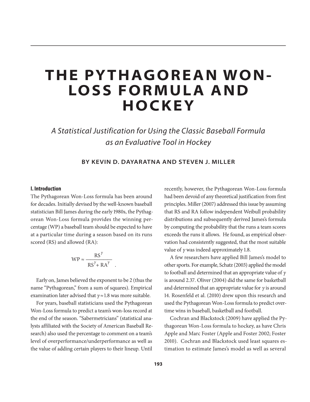 The Pythagorean Won-Loss Formula and Hockey (PDF)