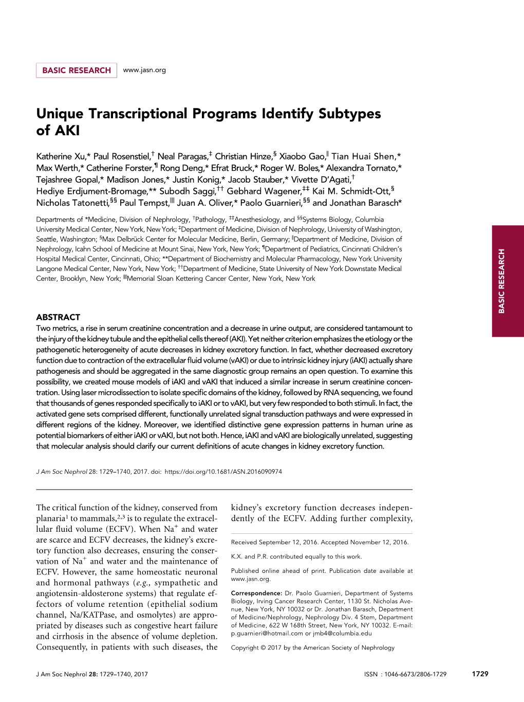 Unique Transcriptional Programs Identify Subtypes of AKI