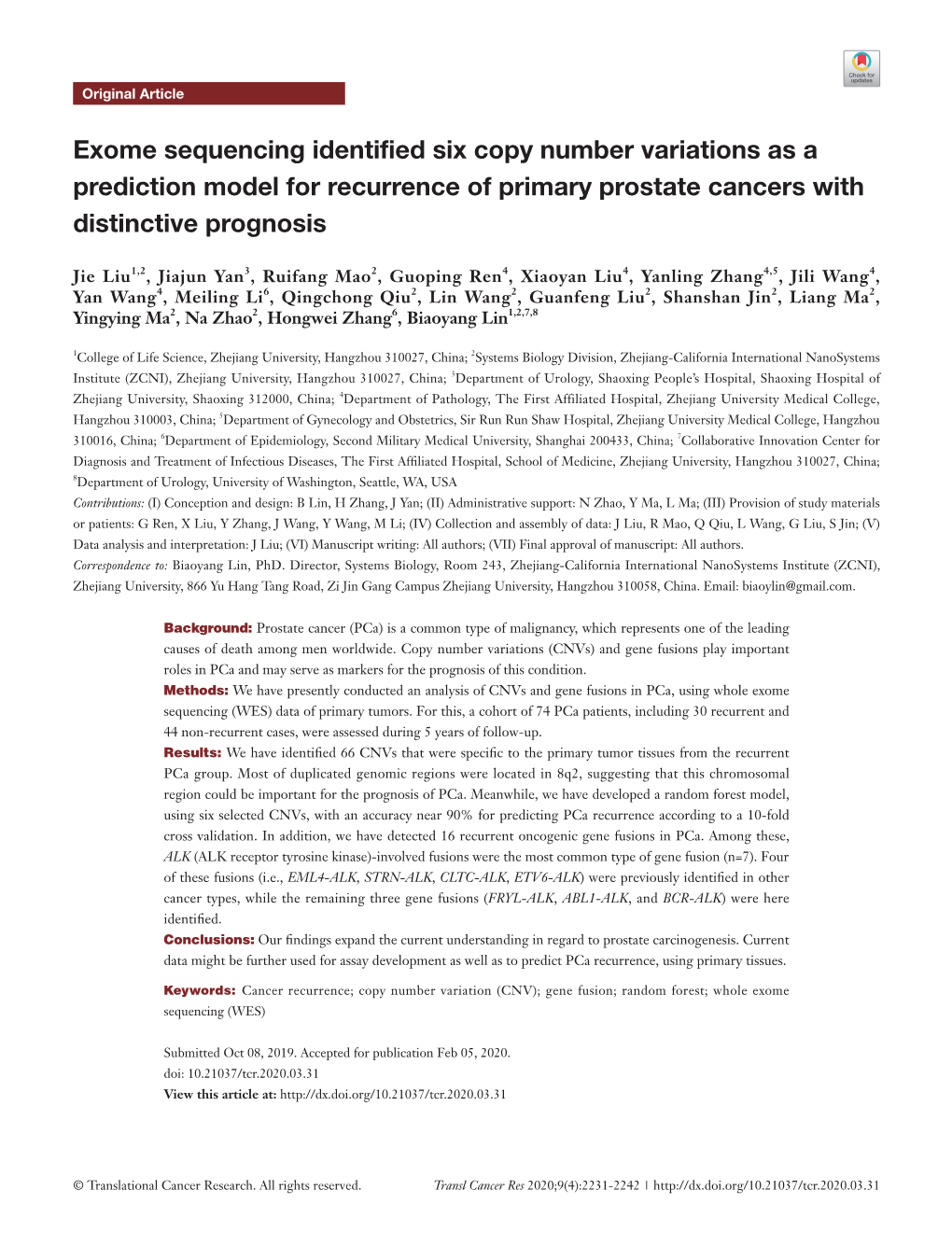 Exome Sequencing Identified Six Copy Number Variations As a Prediction Model for Recurrence of Primary Prostate Cancers with Distinctive Prognosis