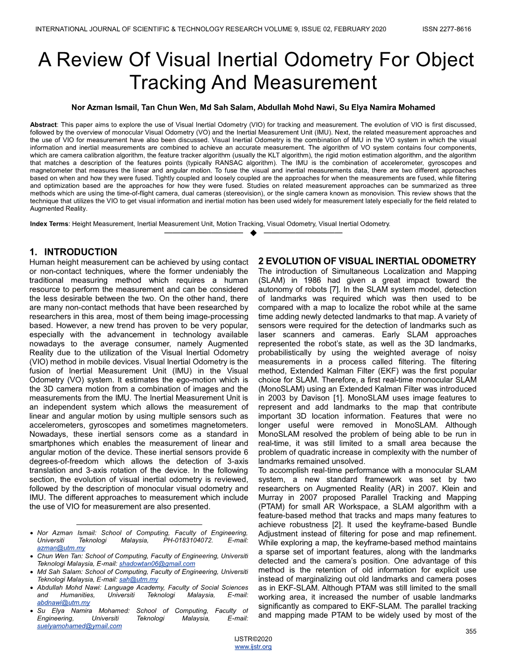 A Review of Visual Inertial Odometry for Object Tracking and Measurement