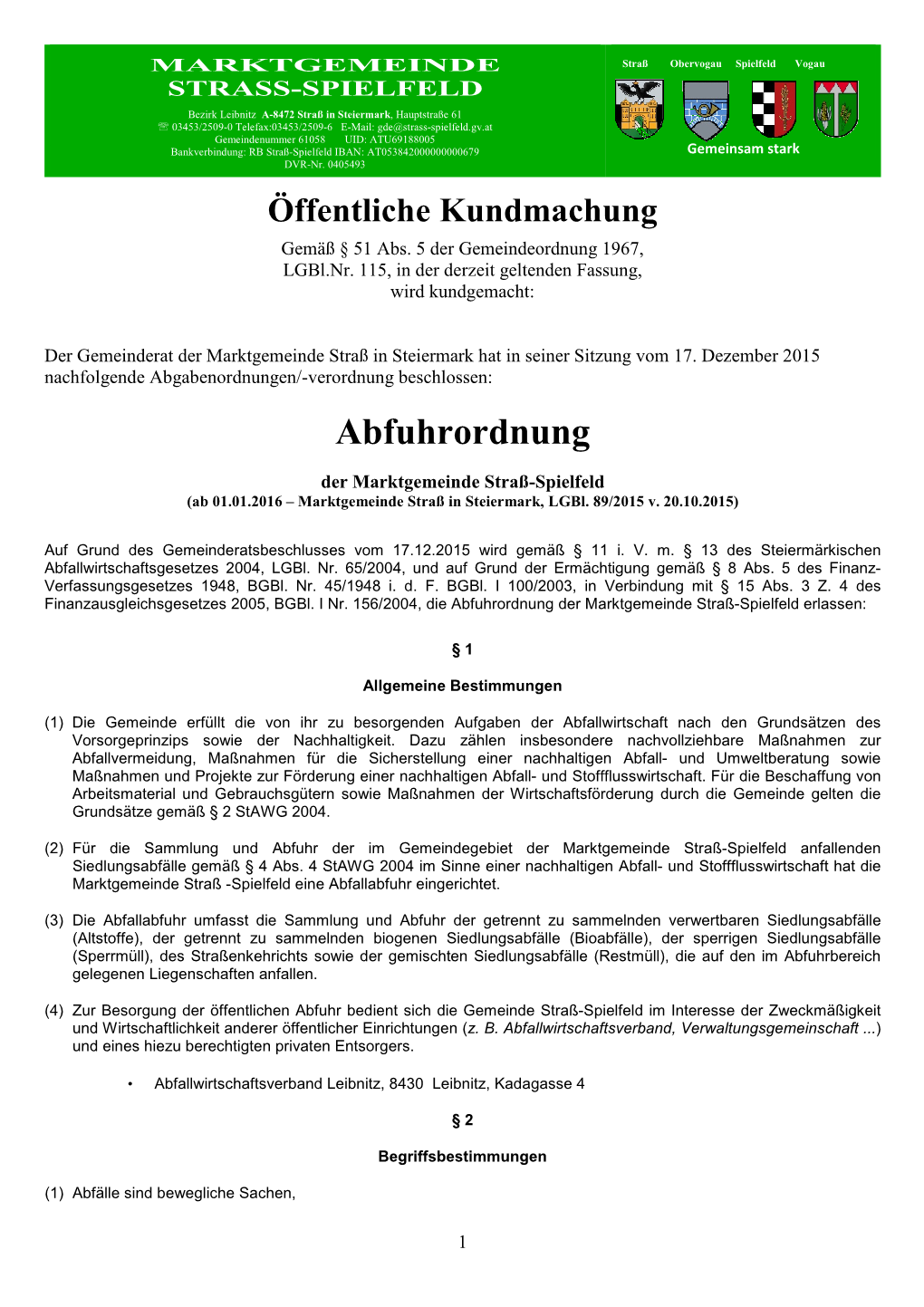 KM Abfuhrverordnung Gemeinde Straß-Spielfeld