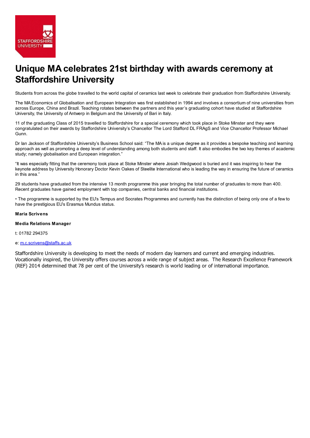 Unique MA Celebrates 21St Birthday with Awards Ceremony at Staffordshire University