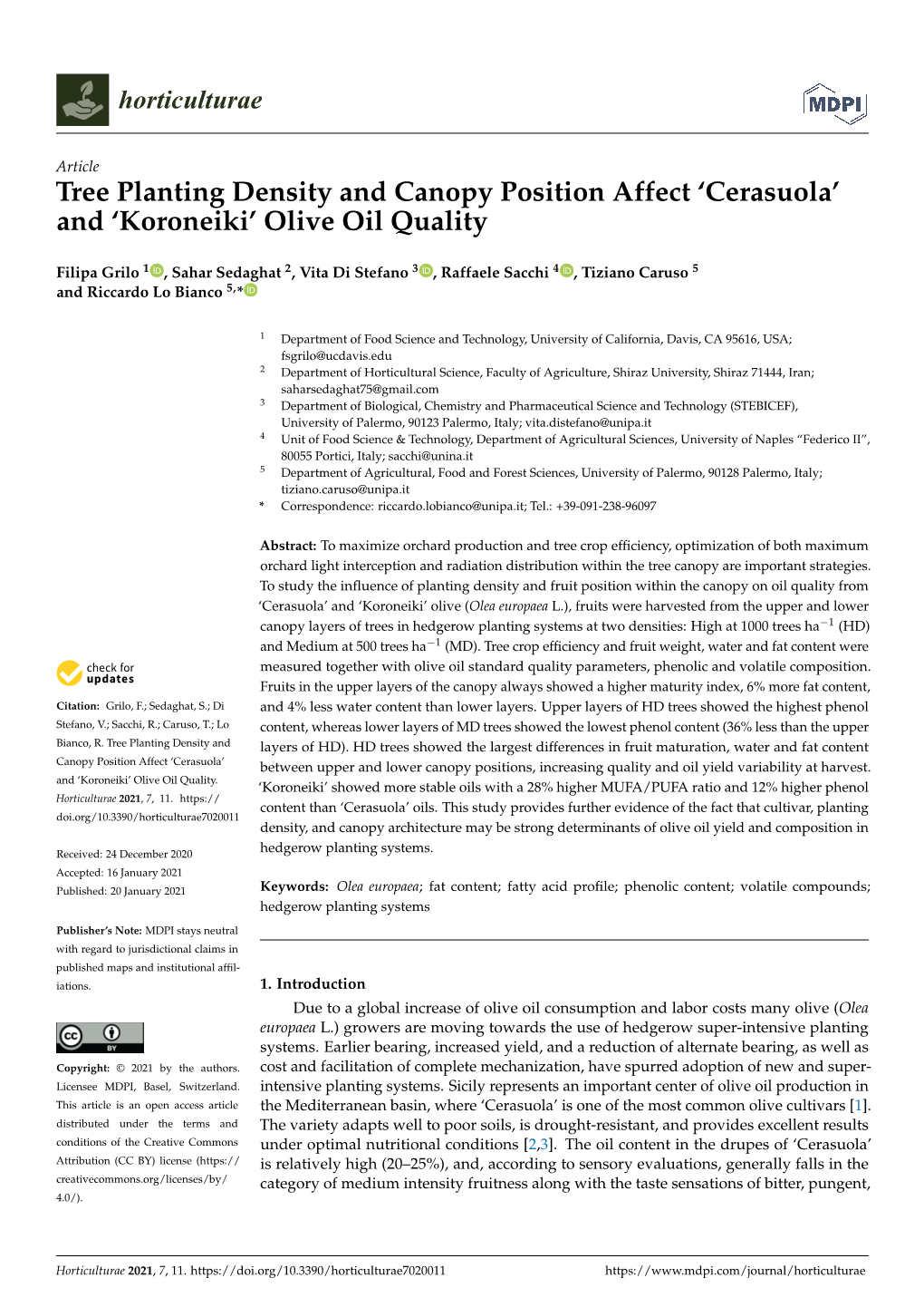 Tree Planting Density and Canopy Position Affect 'Cerasuola' and 'Koroneiki' Olive Oil Quality