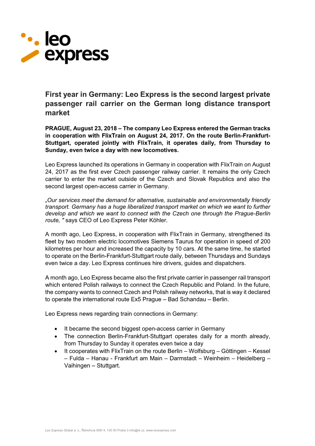 First Year in Germany: Leo Express Is the Second Largest Private Passenger Rail Carrier on the German Long Distance Transport Market