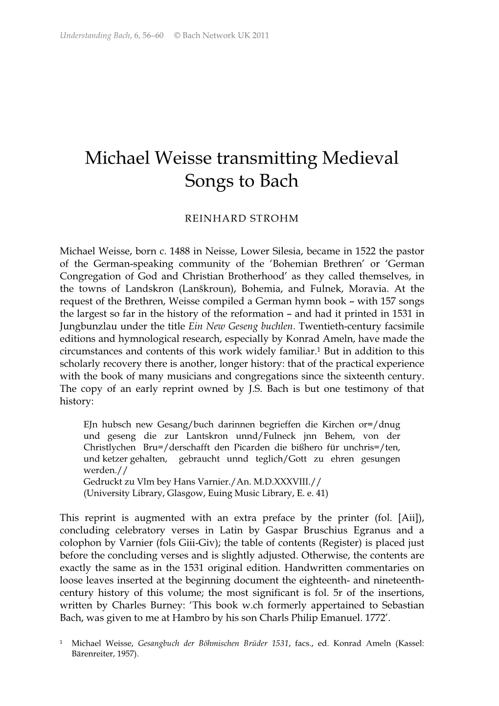 Michael Weisse Transmitting Medieval Songs to Bach