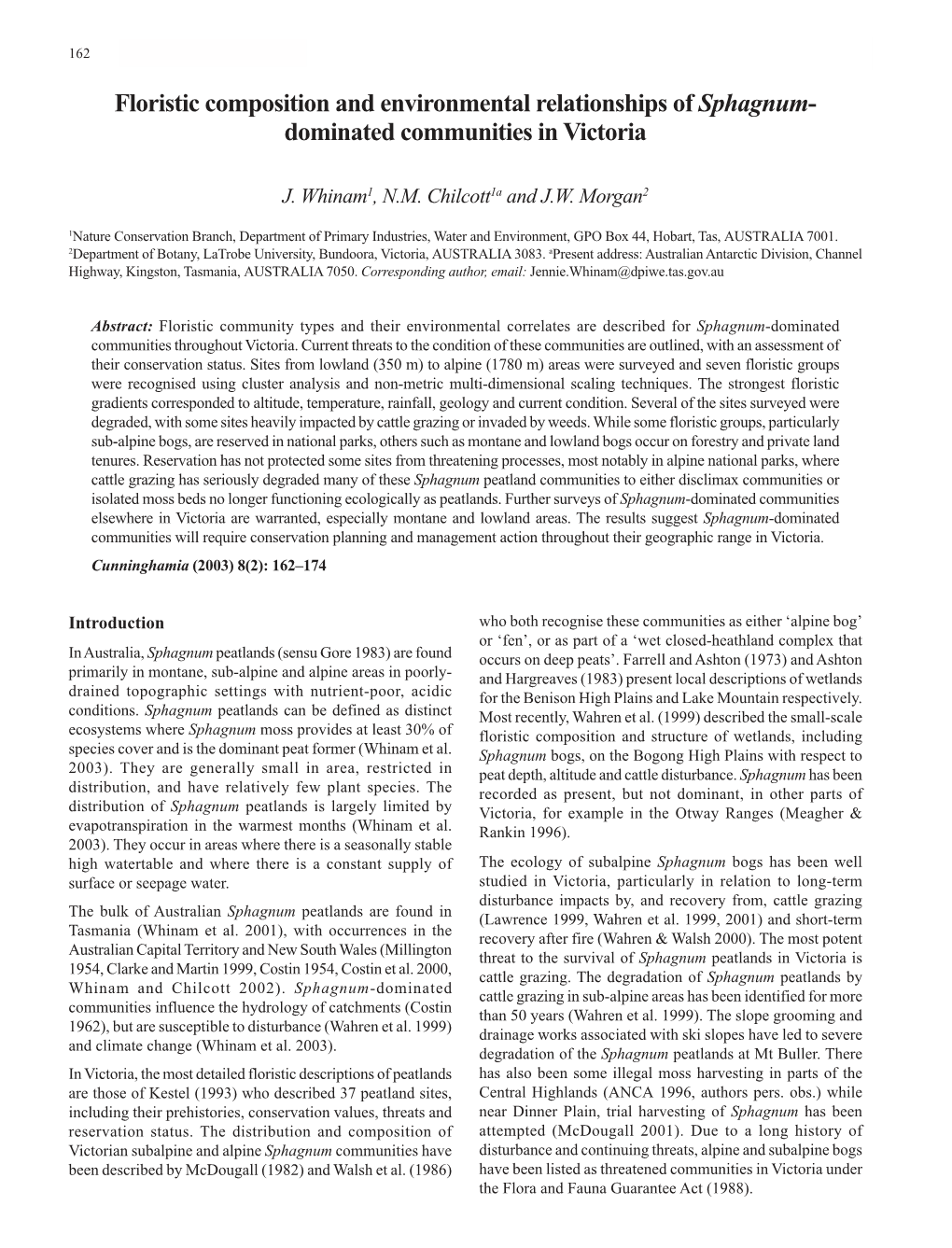 Floristic Composition and Environmental Relationships of Sphagnum- Dominated Communities in Victoria