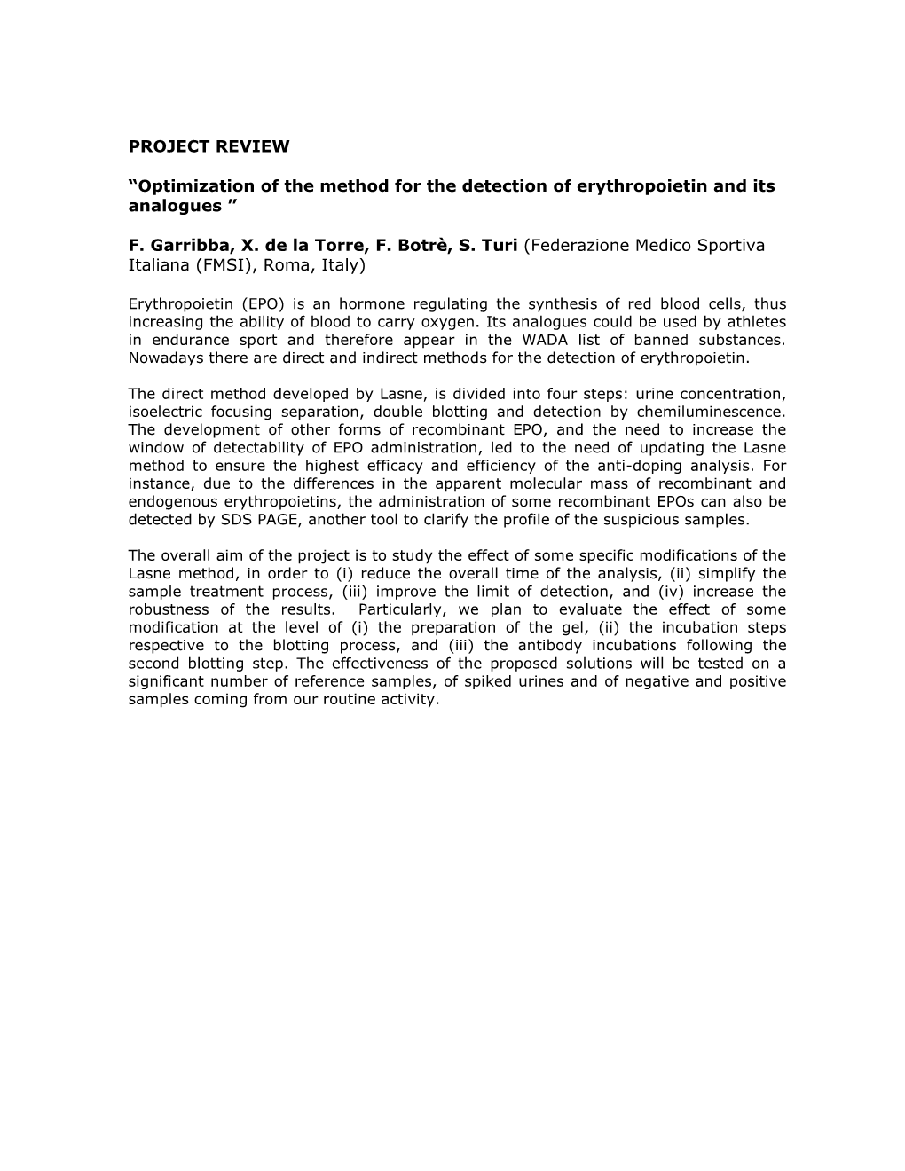 Optimization of the Method for the Detection of Erythropoietin and Its Analogues ”