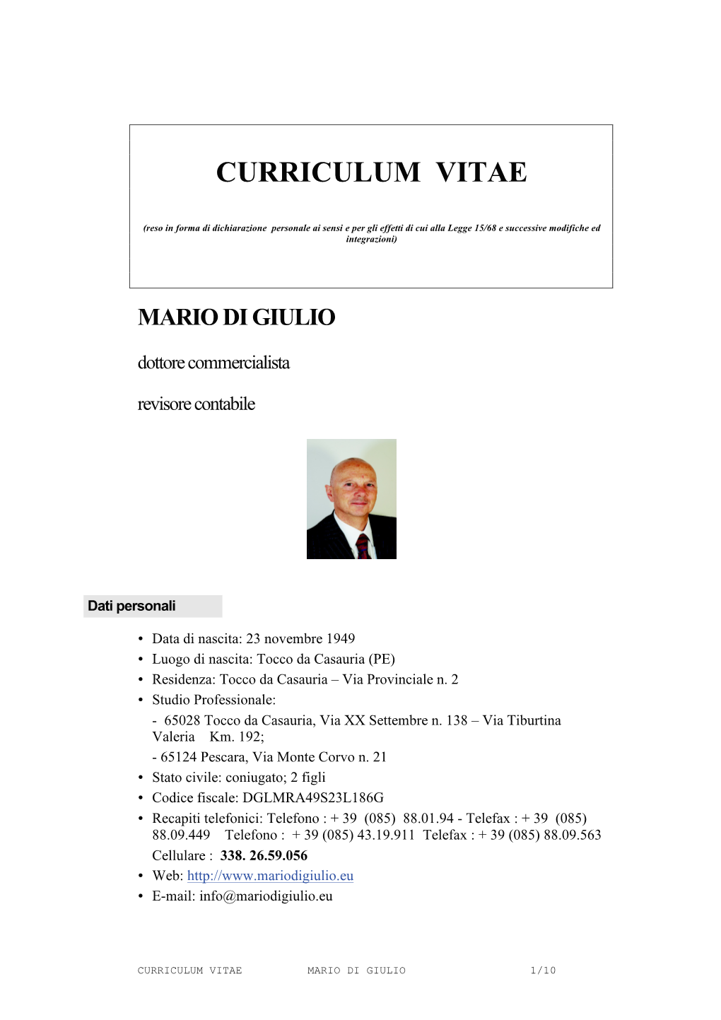 Curriculum Vitae Dottor Mario Di Giulio 2016