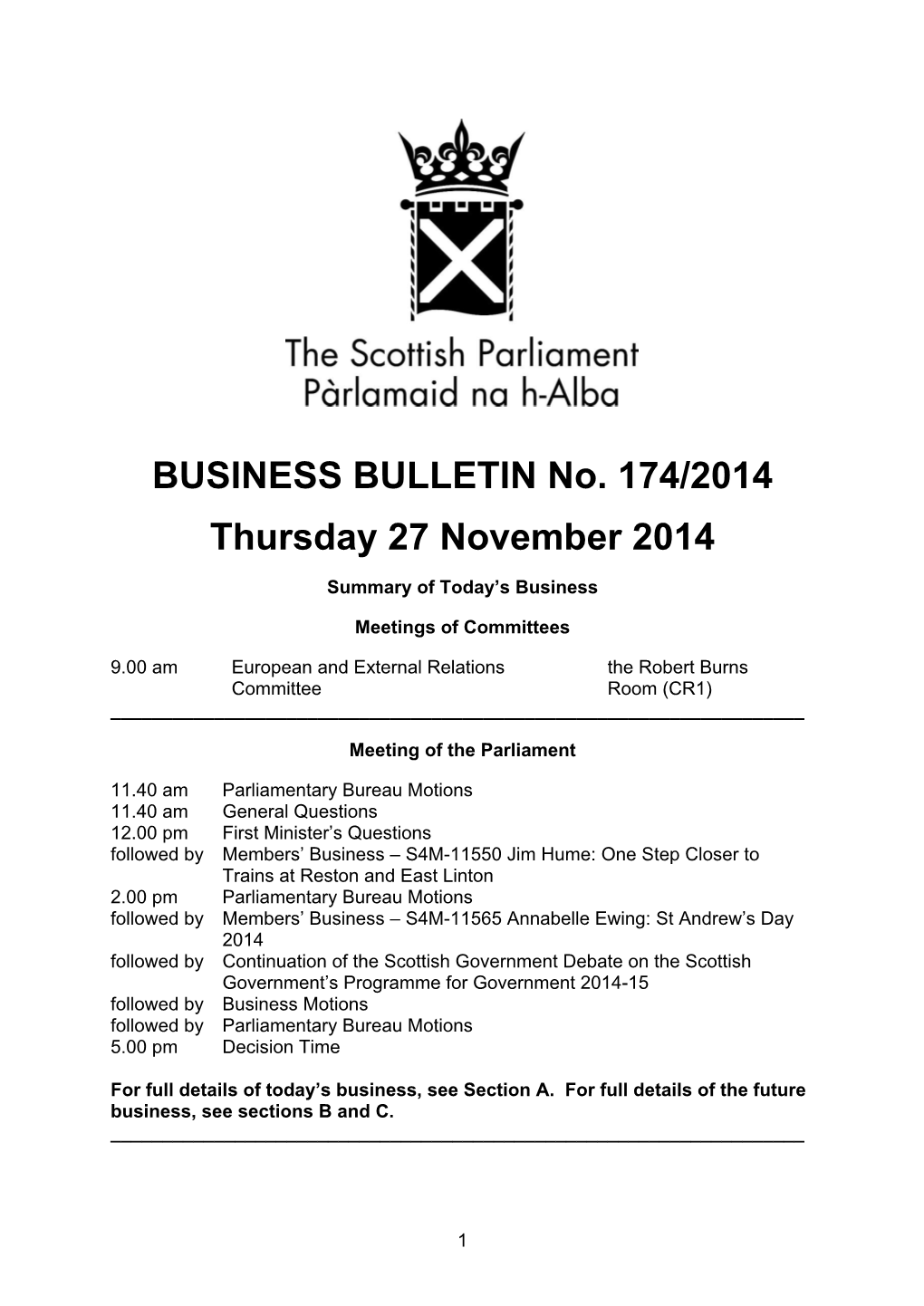 BUSINESS BULLETIN No. 174/2014 Thursday 27 November 2014