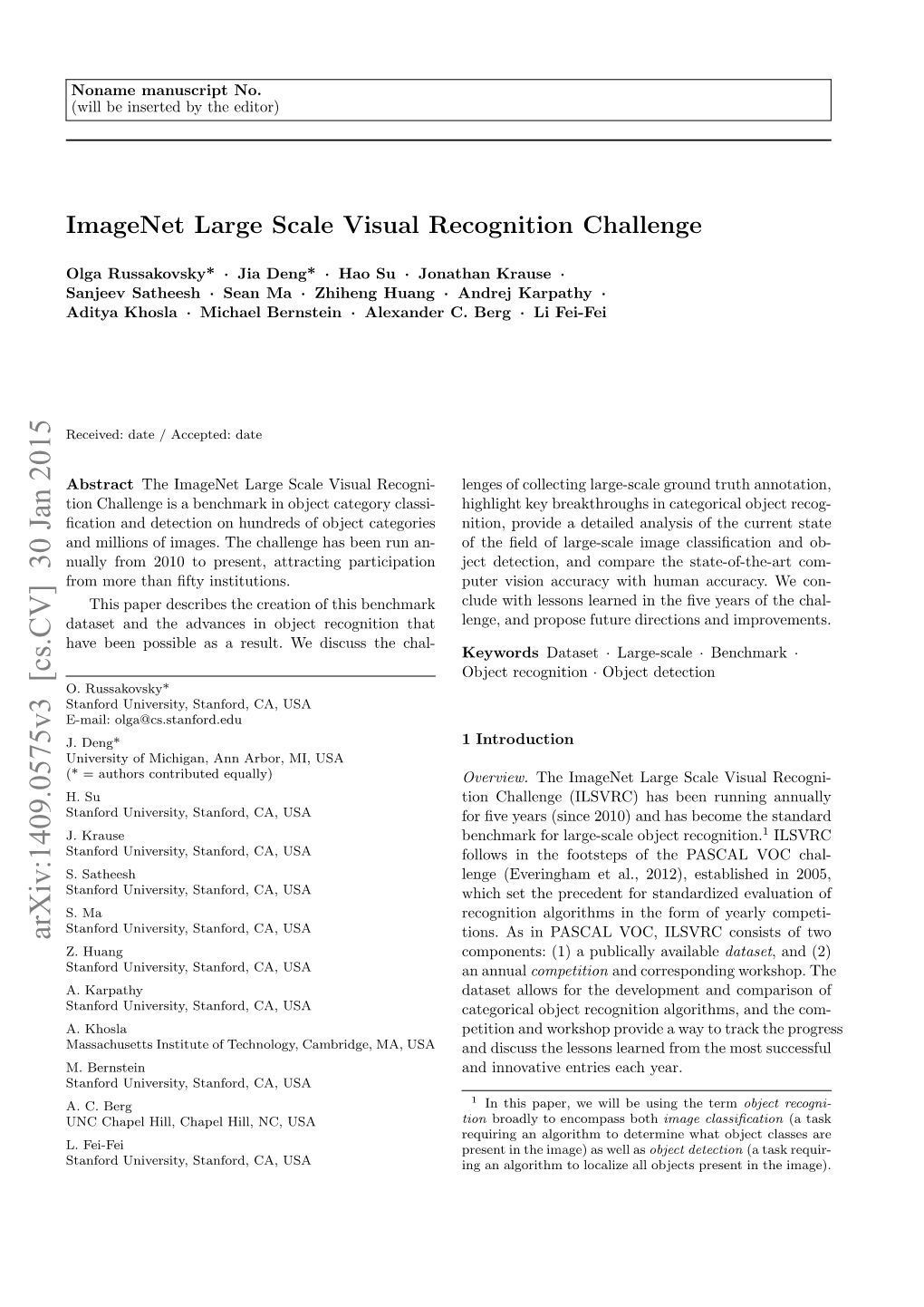 Imagenet Large Scale Visual Recognition Challenge