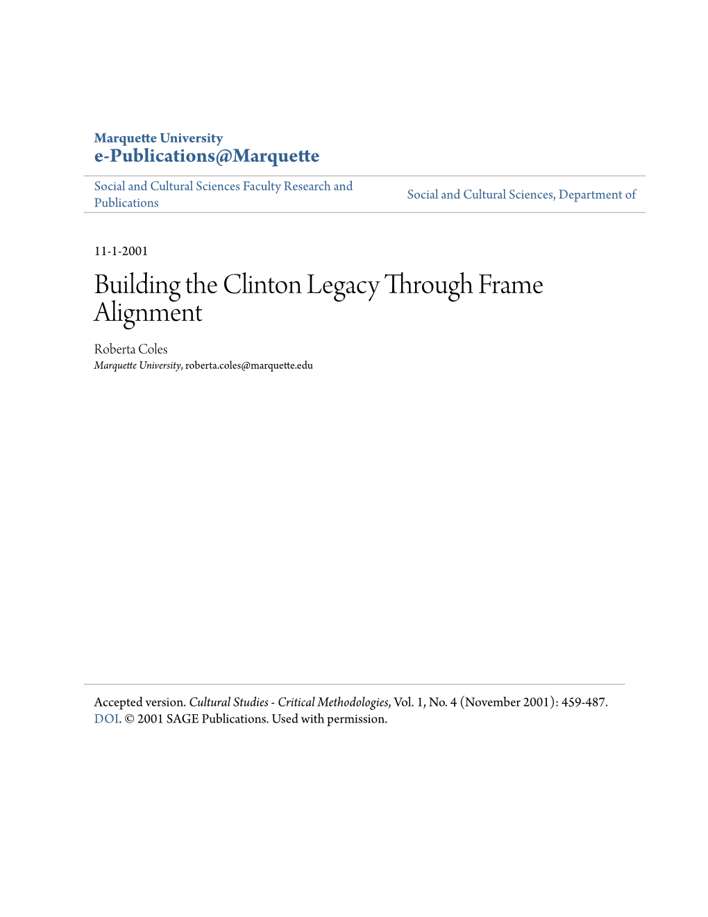 Building the Clinton Legacy Through Frame Alignment Roberta Coles Marquette University, Roberta.Coles@Marquette.Edu