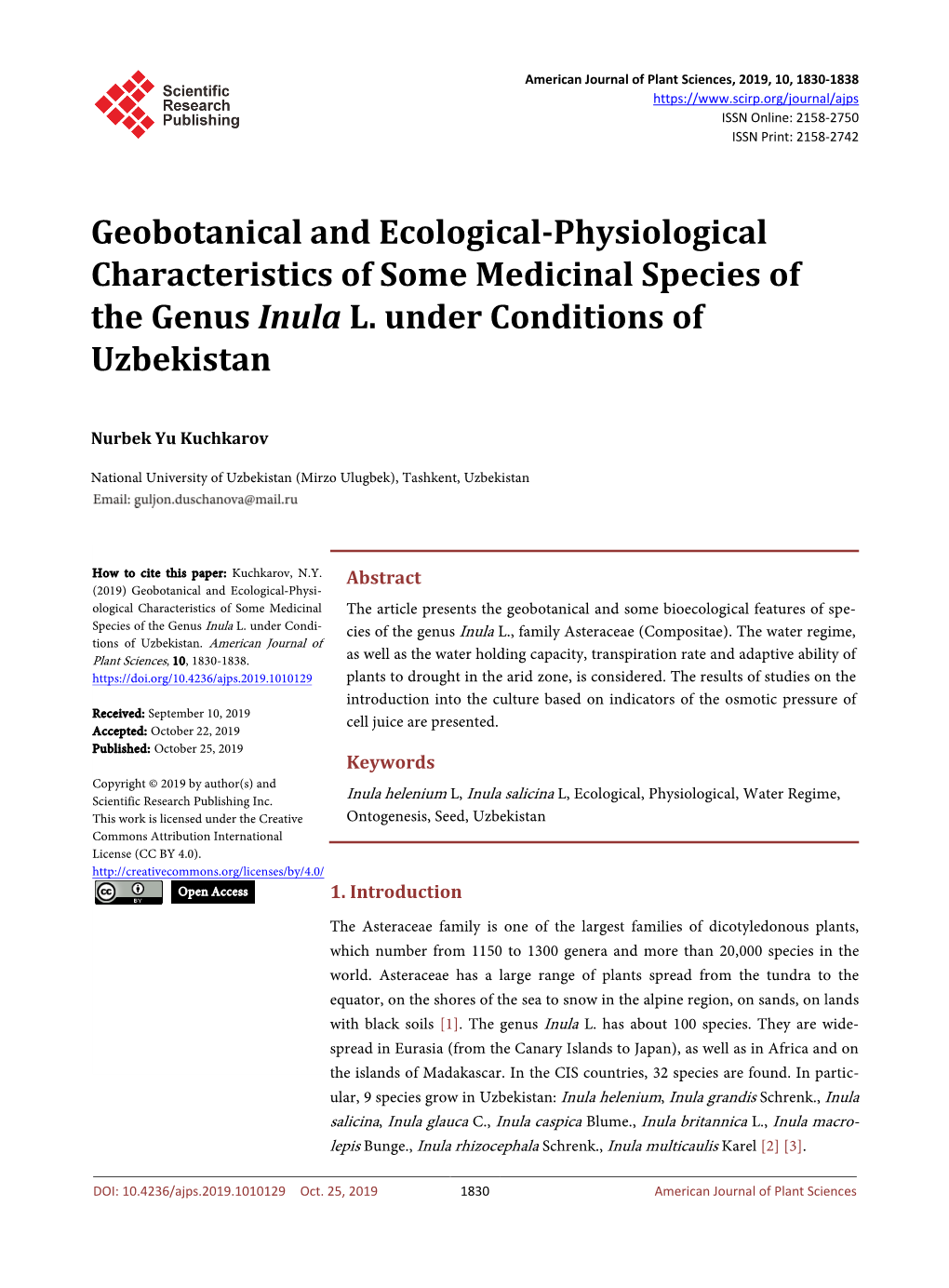 Geobotanical and Ecological-Physiological Characteristics of Some Medicinal Species of the Genus Inula L