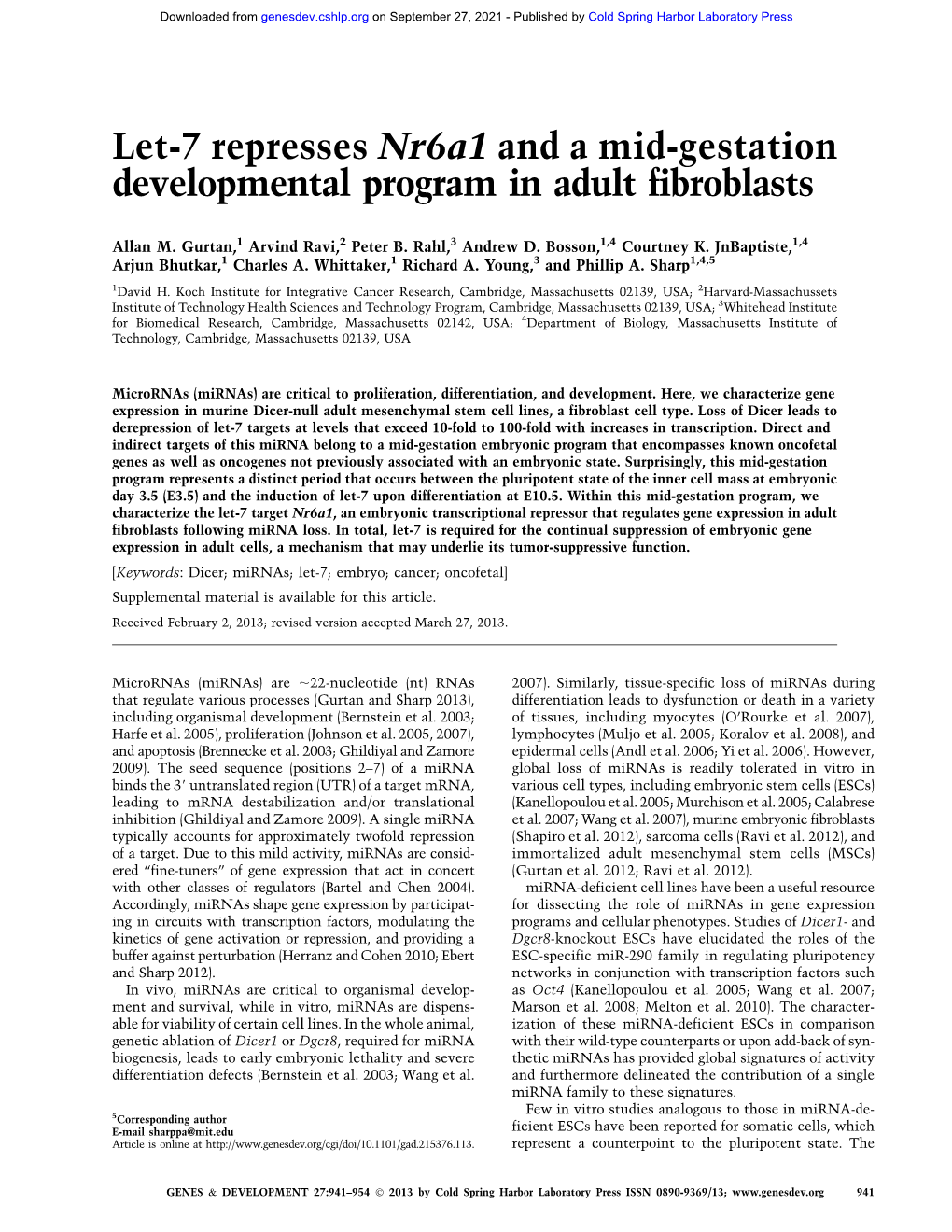 Let-7 Represses Nr6a1 and a Mid-Gestation Developmental Program in Adult Fibroblasts