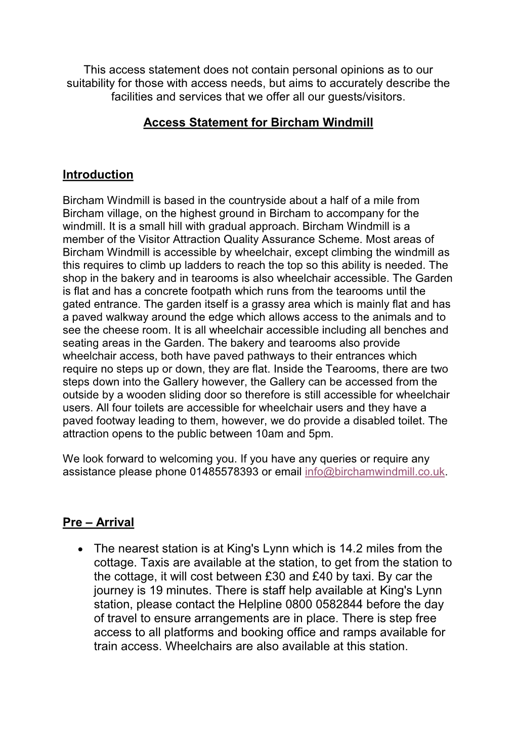 Access Statement for Bircham Windmill Introduction Pre – Arrival