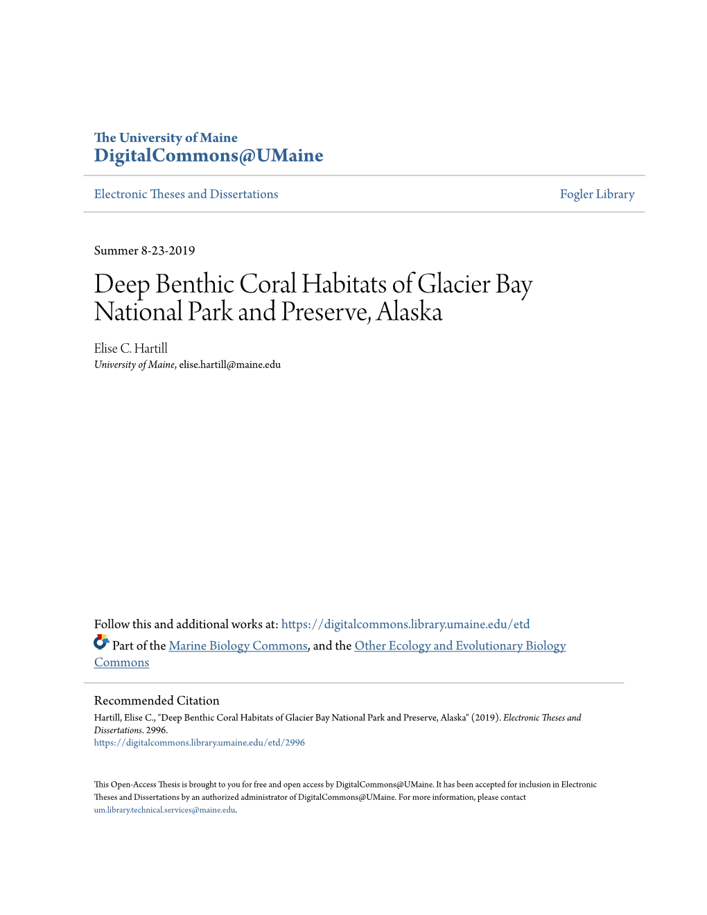 Deep Benthic Coral Habitats of Glacier Bay National Park and Preserve, Alaska Elise C