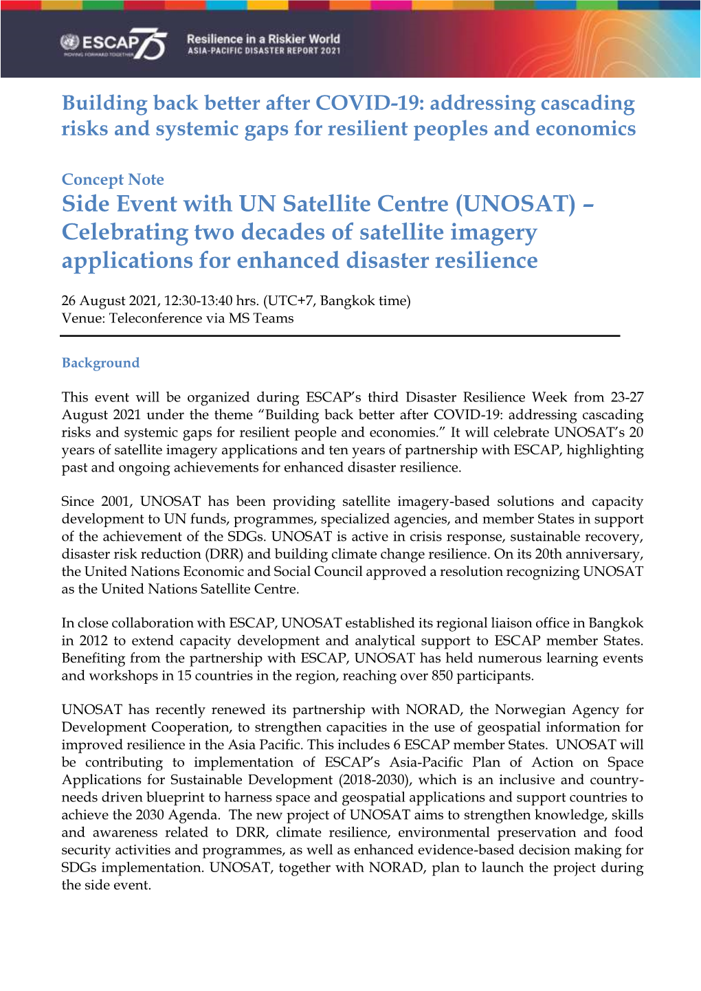 Side Event with UN Satellite Centre (UNOSAT) – Celebrating Two Decades of Satellite Imagery Applications for Enhanced Disaster Resilience