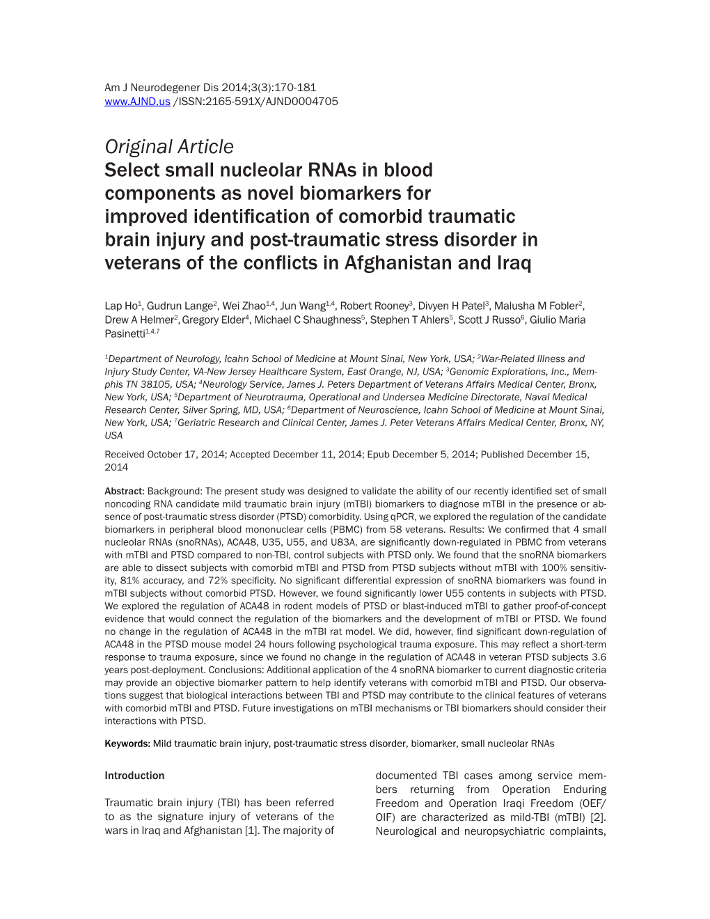 Select Small Nucleolar Rnas in Blood Components As Novel Biomarkers for Improved Identification of Comorbid Traumatic Brain Injury and Post-Traumatic Stress Disorder in Veterans