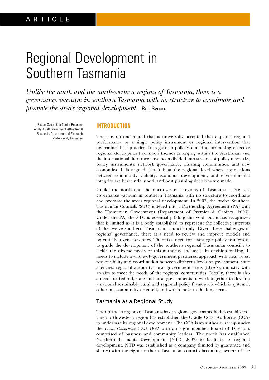 Regional Development in Southern Tasmania