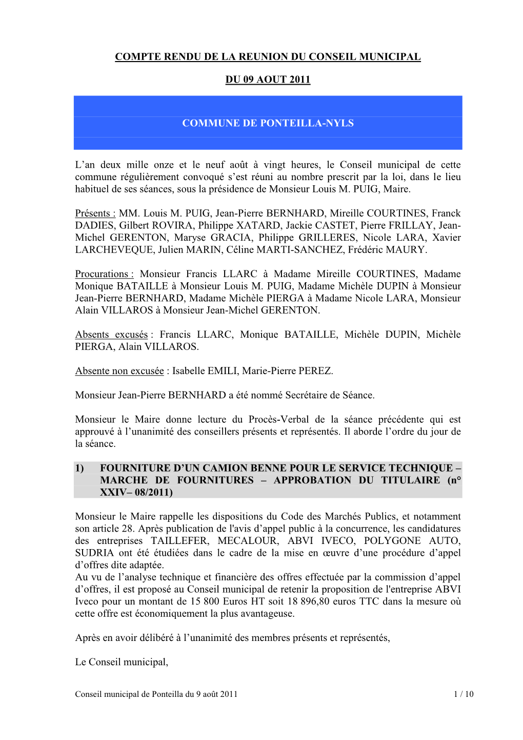 Compte Rendu De La Reunion Du Conseil Municipal