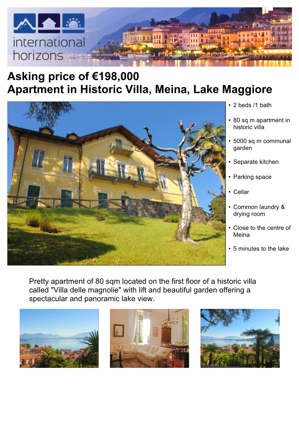Asking Price of €198,000 Apartment in Historic Villa, Meina, Lake Maggiore