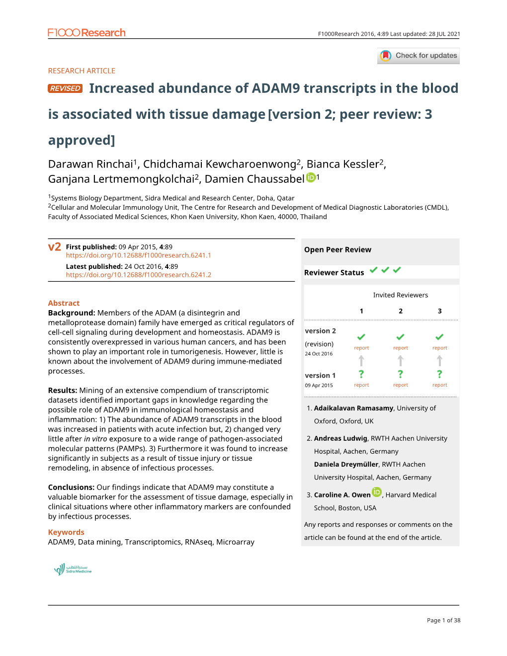 Increased Abundance of ADAM9 Transcripts in the Blood Is Associated with Tissue Damage [Version 2; Peer Review: 3 Approved]