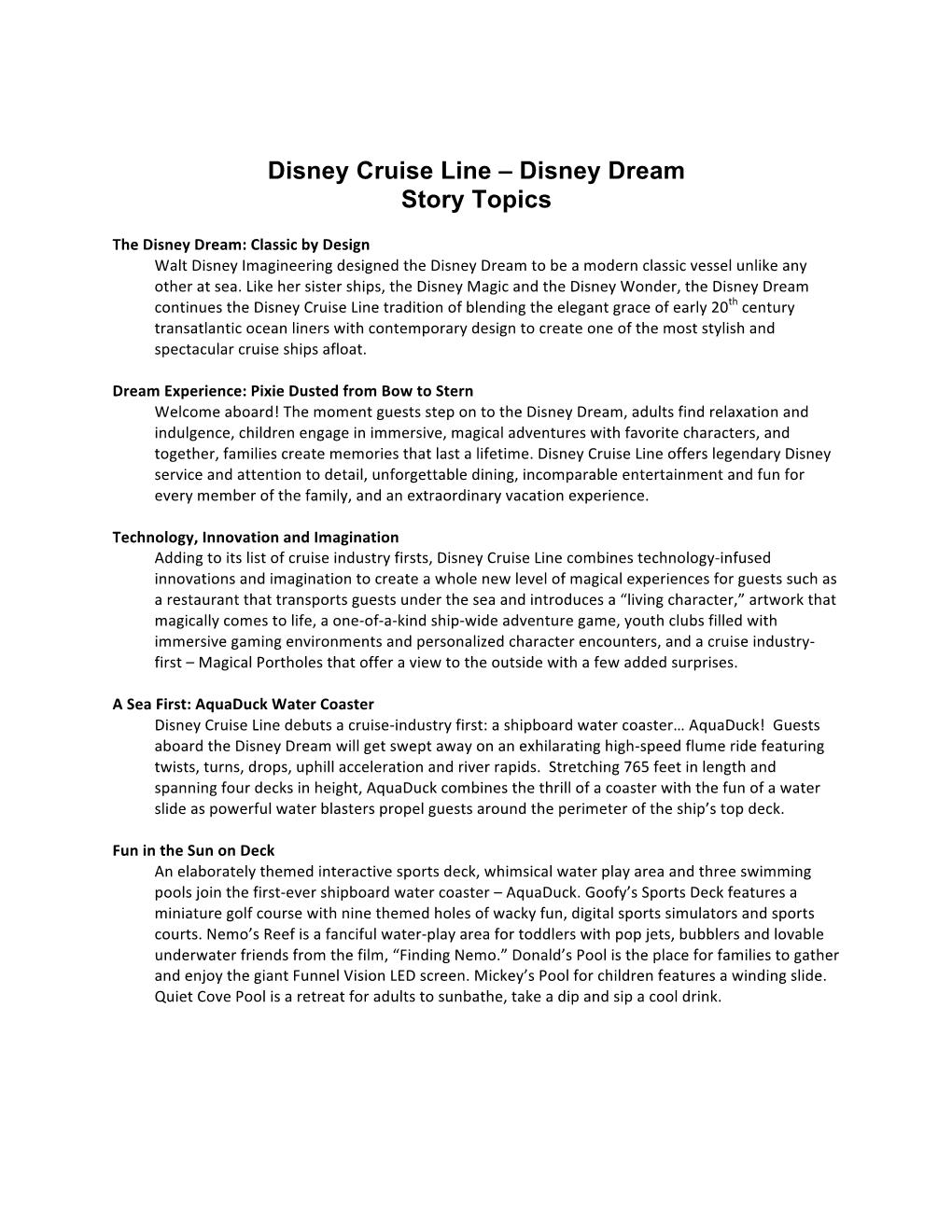 Disney Cruise Line – Disney Dream Story Topics