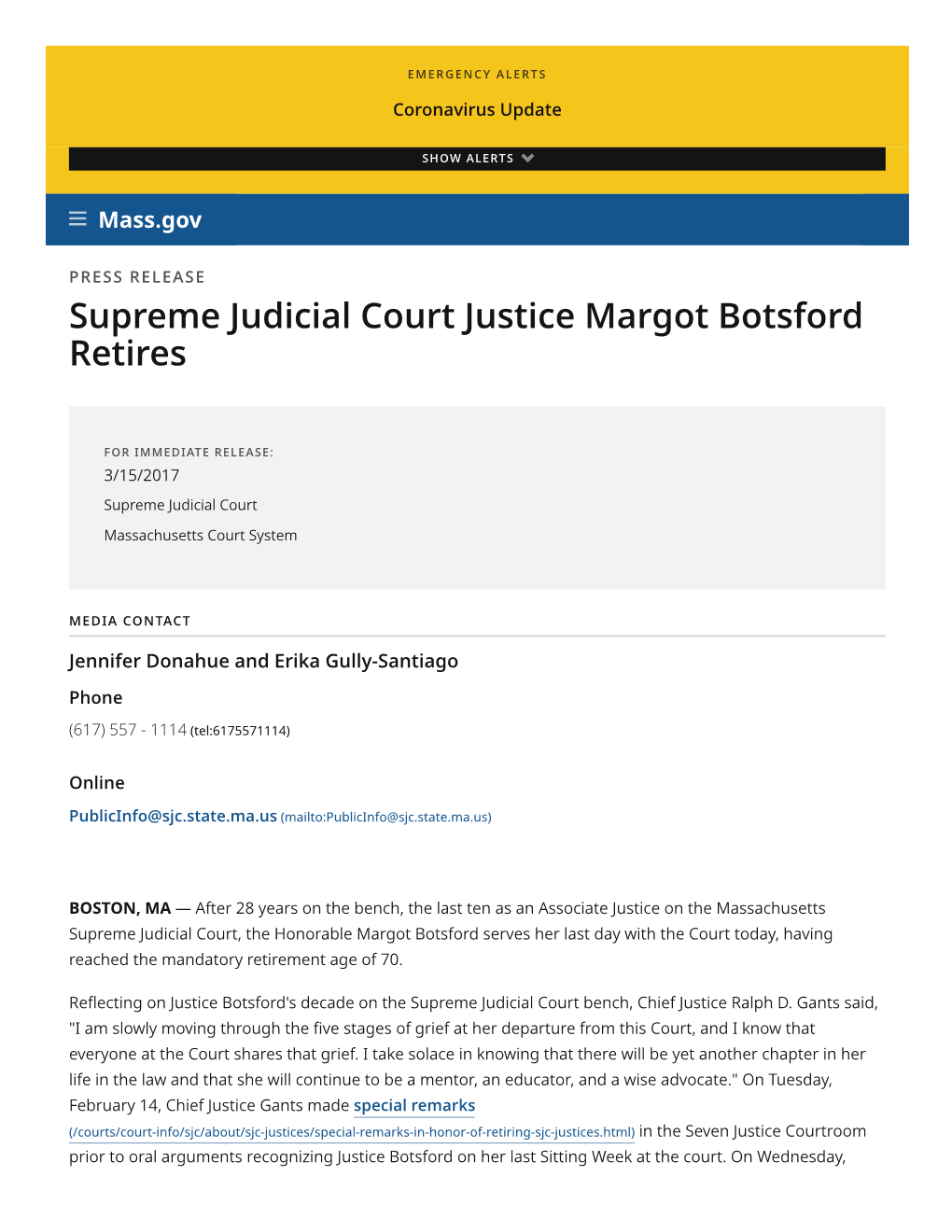Supreme Judicial Court Justice Margot Botsford Retires