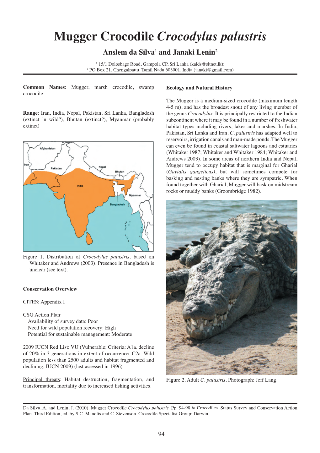 Mugger Crocodile Crocodylus Palustris Anslem Da Silva1 and Janaki Lenin2