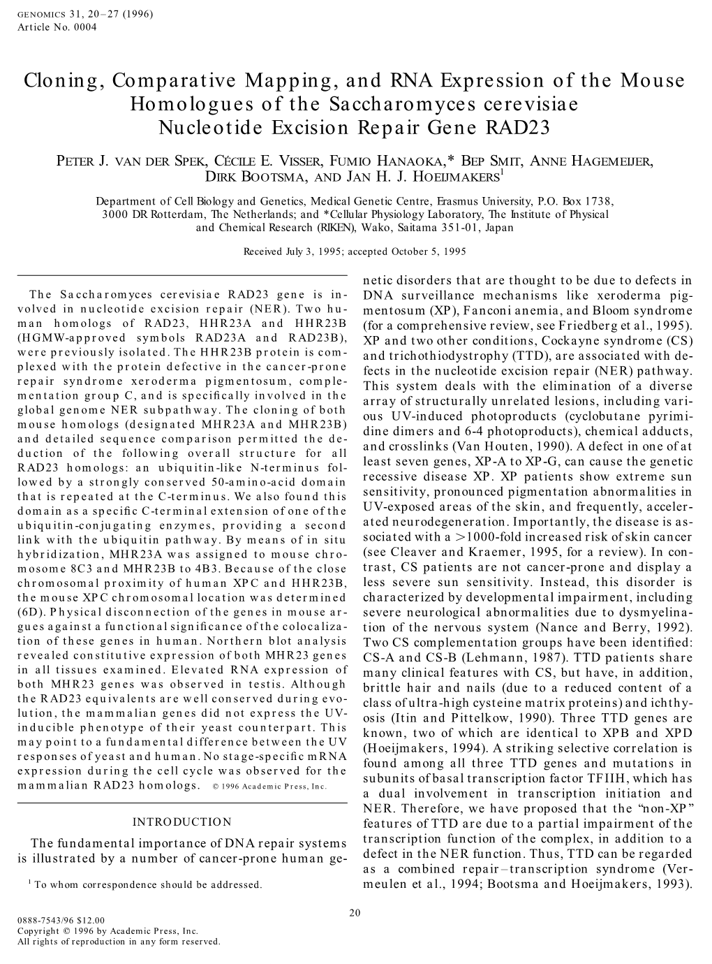 Cloning, Comparative Mapping, and RNA Expression of the Mouse Homologues of the Saccharomyces Cerevisiae Nucleotide Excision Repair Gene RAD23