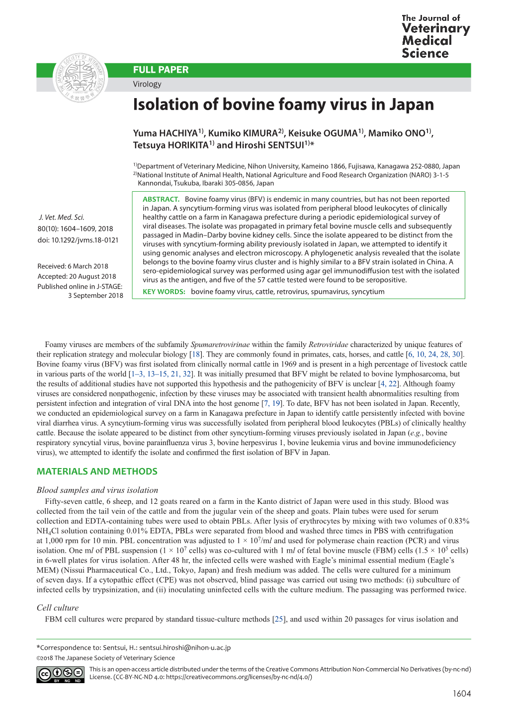 Isolation of Bovine Foamy Virus in Japan