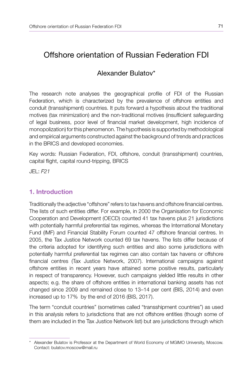 Offshore Orientation of Russian Federation FDI 71