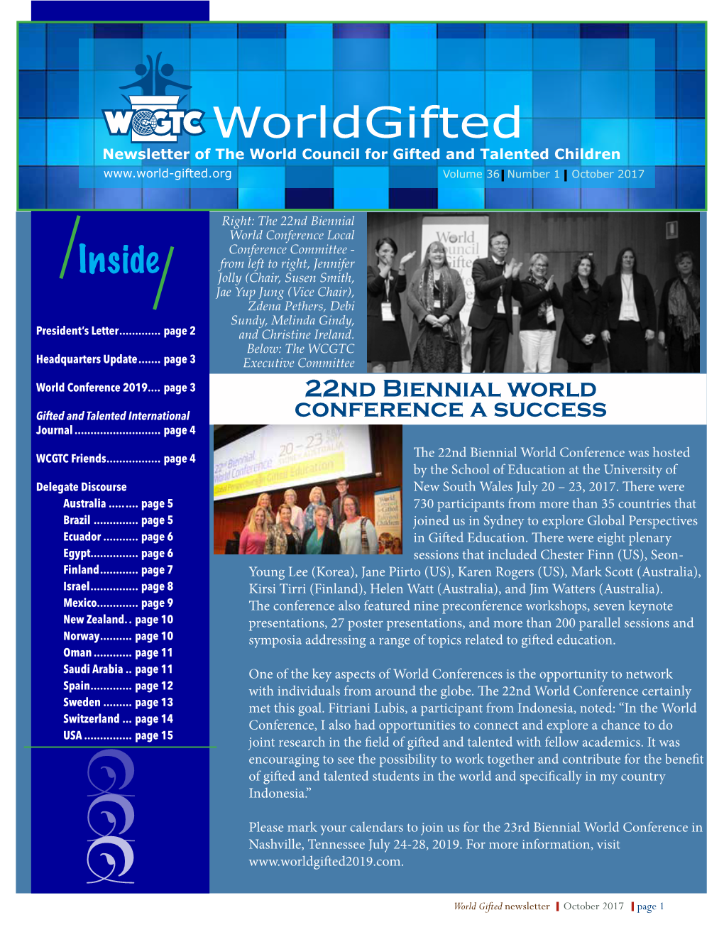 Worldgifted Newsletter of the World Council for Gifted and Talented Children Volume 36 Number 1 October 2017