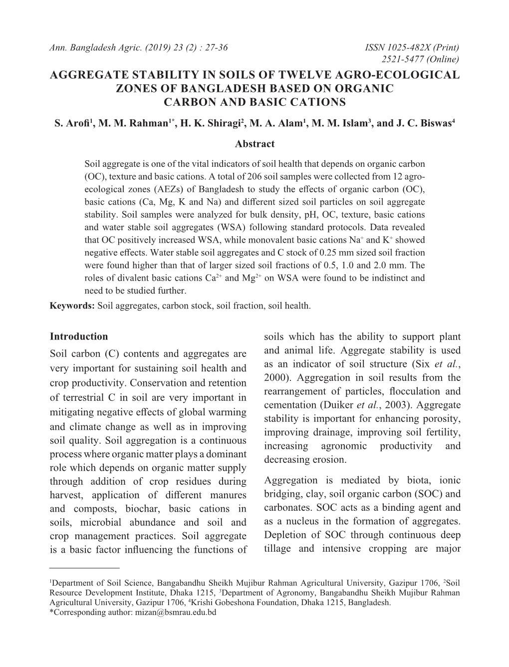 Aggregate Stability in Soils of Twelve Agro-Ecological Zones of Bangladesh Based on Organic Carbon and Basic Cations S