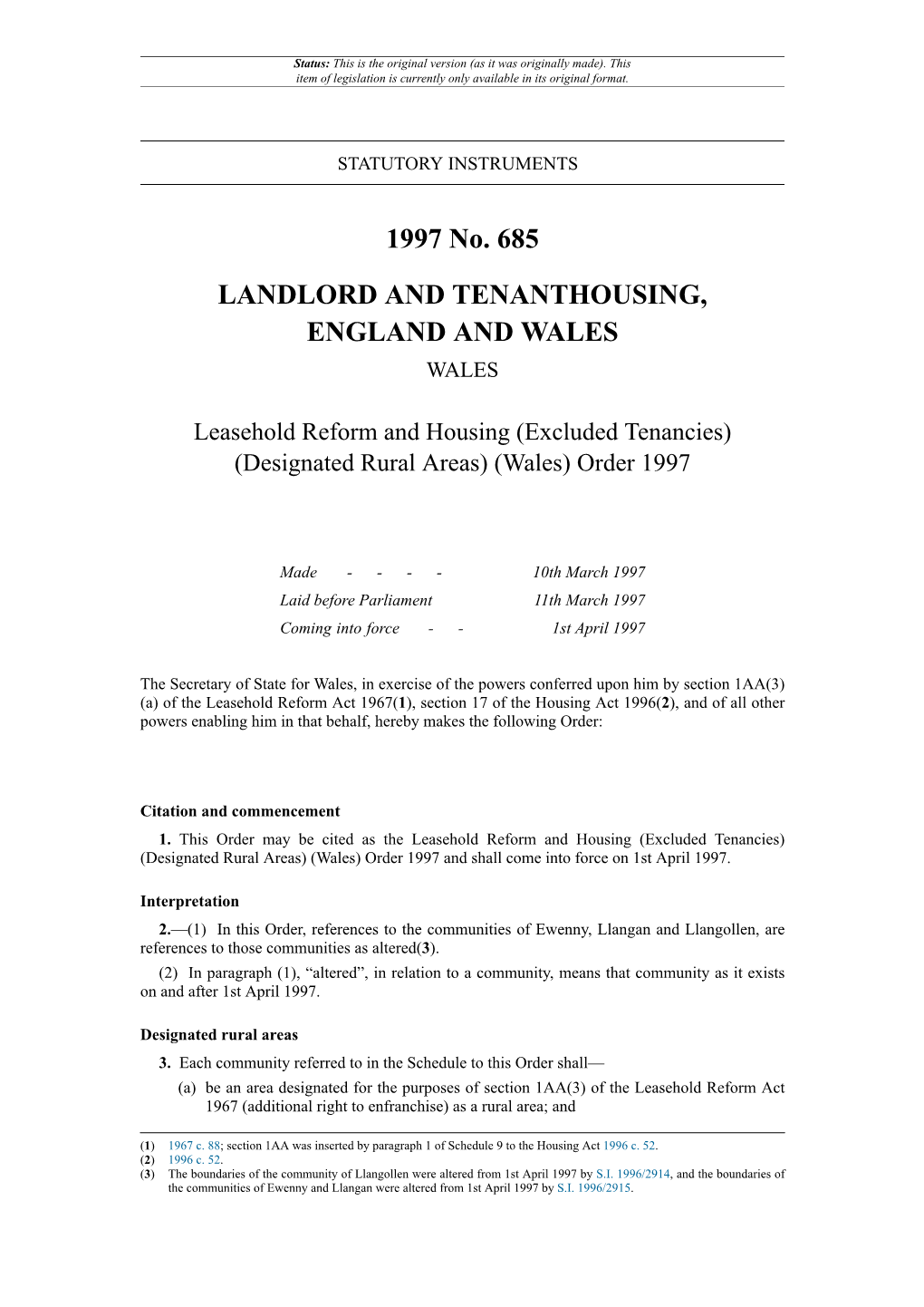 Leasehold Reform and Housing (Excluded Tenancies) (Designated Rural Areas) (Wales) Order 1997