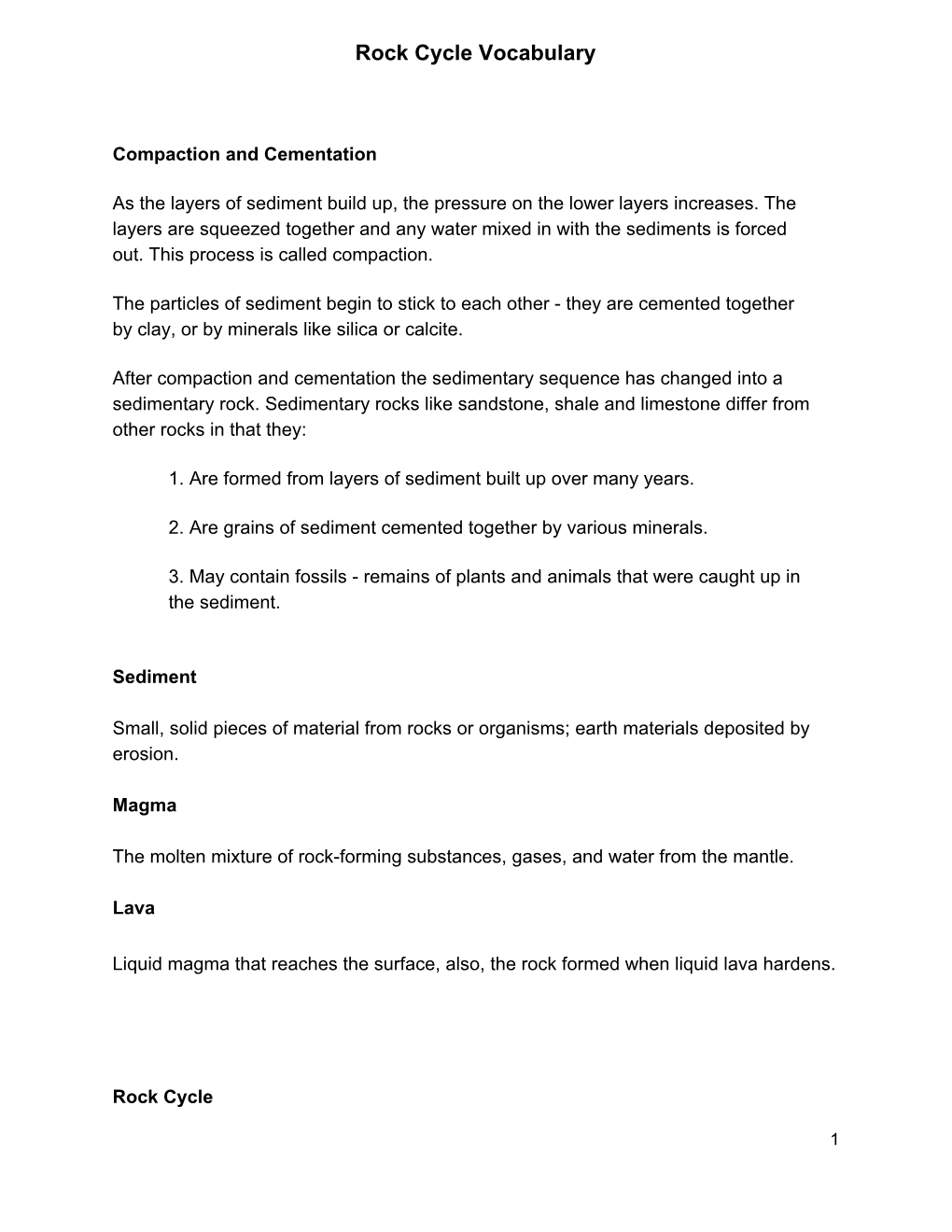 Rock Cycle Vocabulary