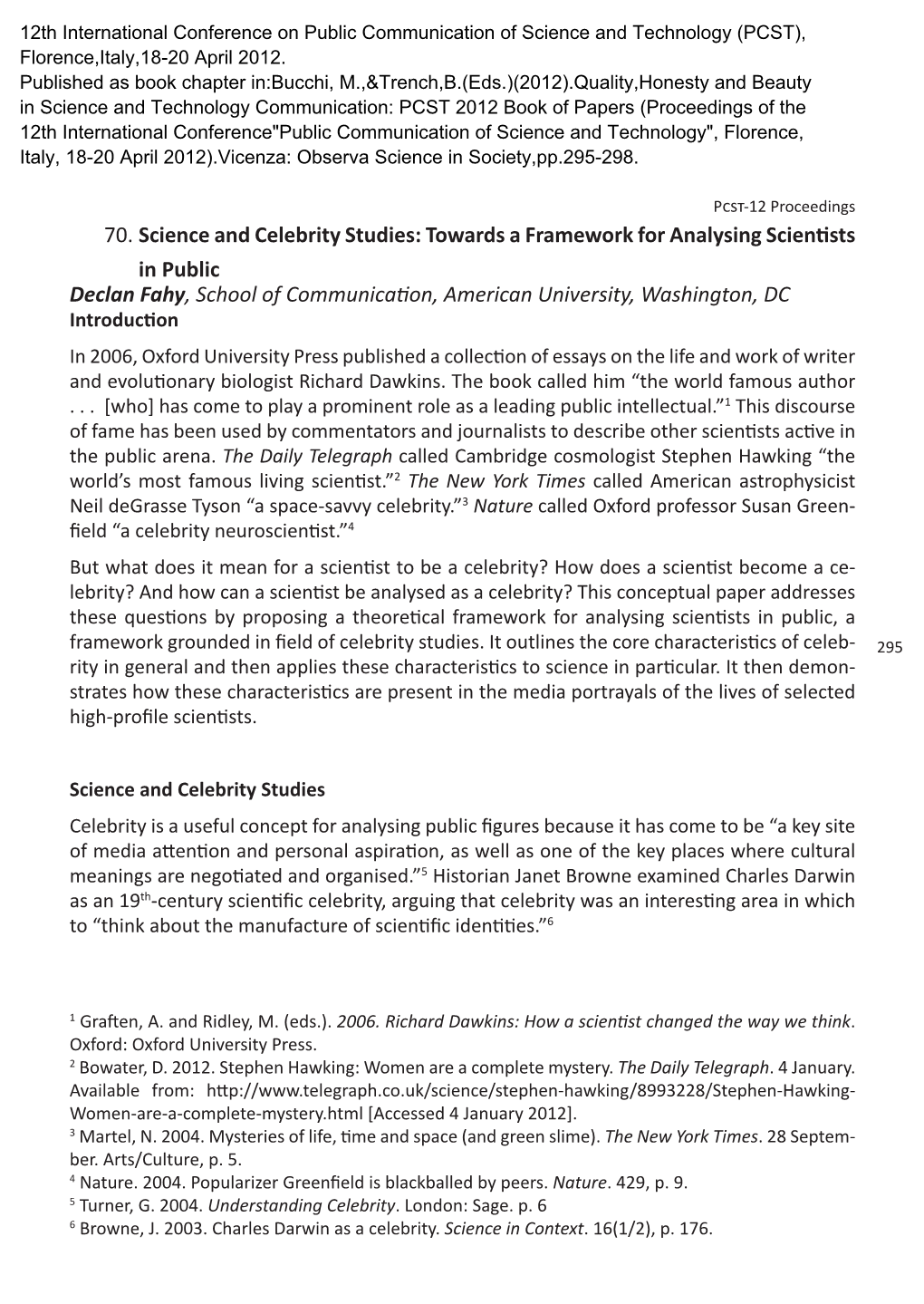 70. Science and Celebrity Studies: Towards a Framework for Analysing