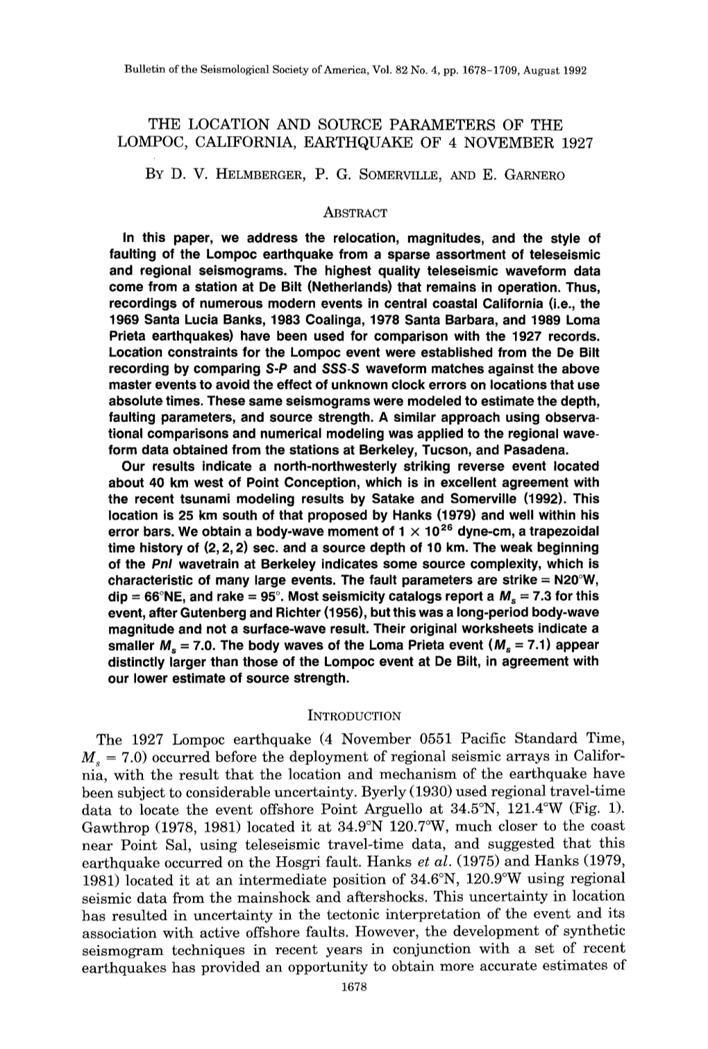 The Location and Source Parameters of the Lompoc, California, Earthquake of 4 November 1927