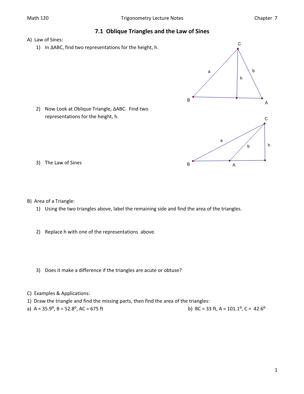 7.1 Oblique Triangles and the Law of Sines