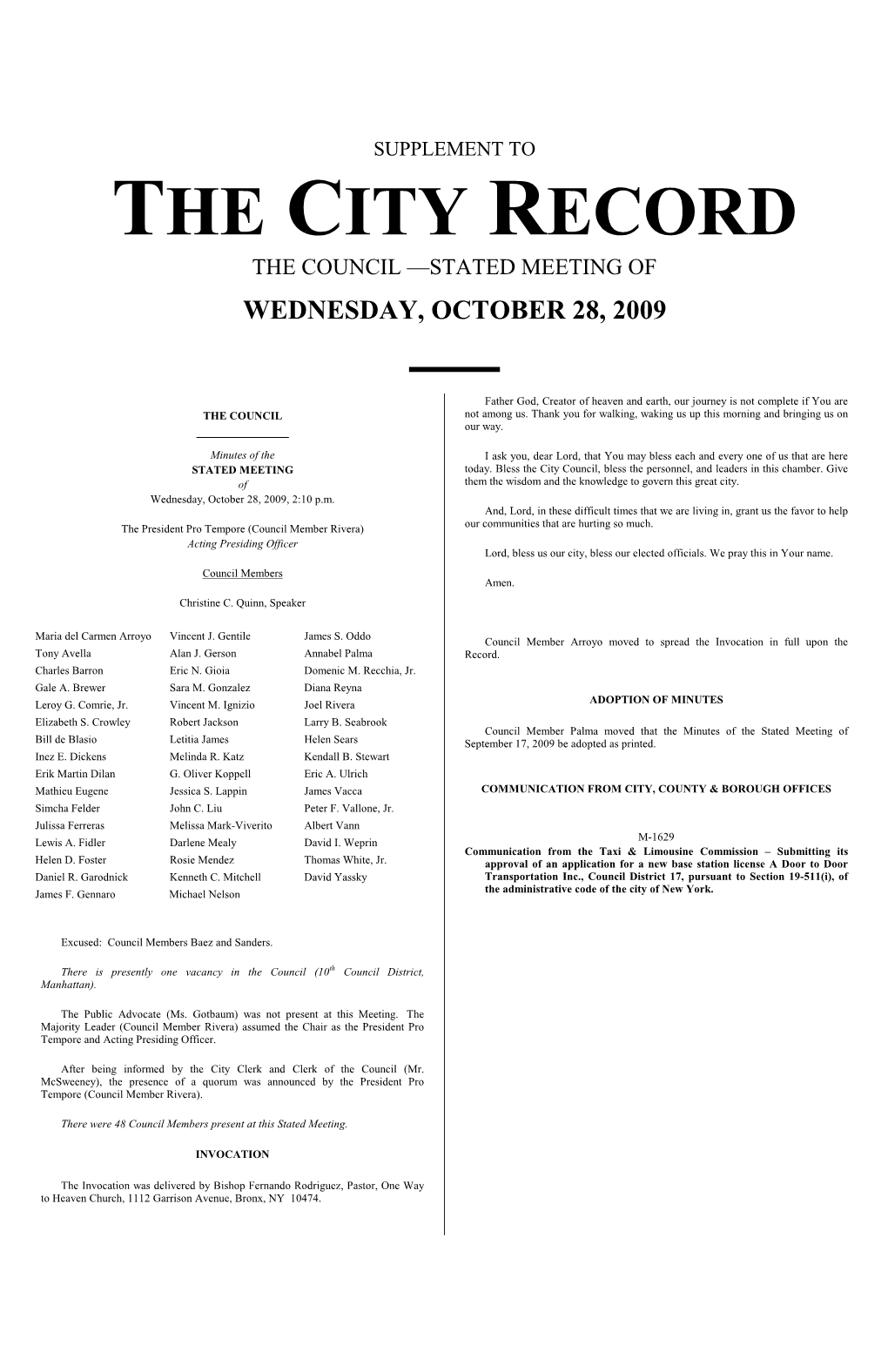 The City Record the Council —Stated Meeting of Wednesday, October 28, 2009