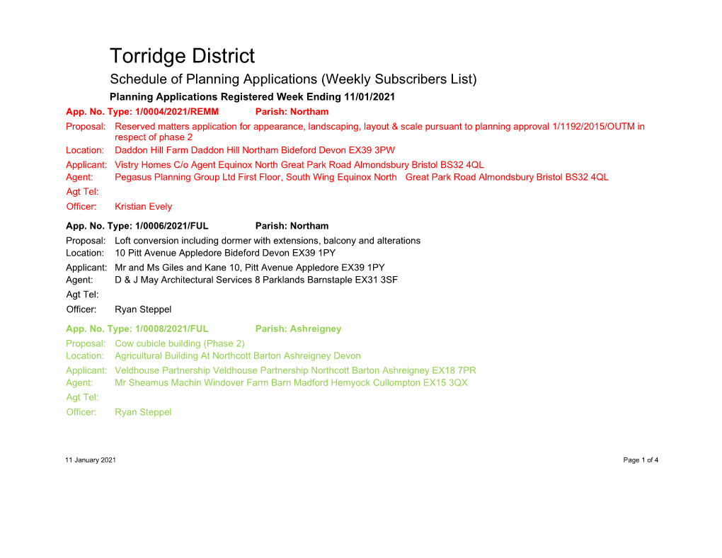 Torridge District Schedule of Planning Applications (Weekly Subscribers List) Planning Applications Registered Week Ending 11/01/2021 App